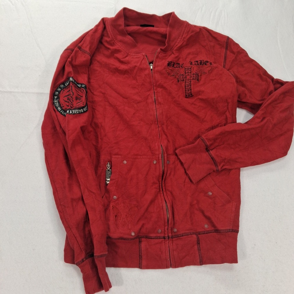 Blac Label Jacket Mens 2X Bomber Full Zip Red Gothic Graphic Winged Cross EUC